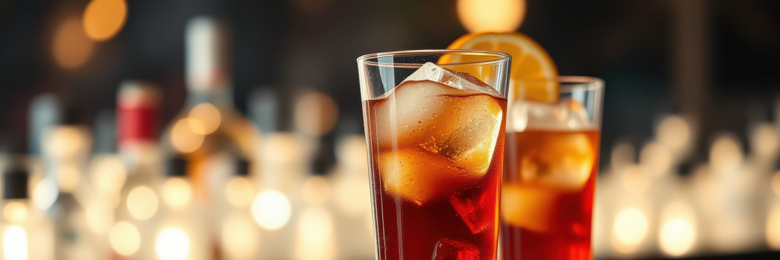 Refreshing cocktails with ice and orange garnishes at a stylish bar during evening hours
